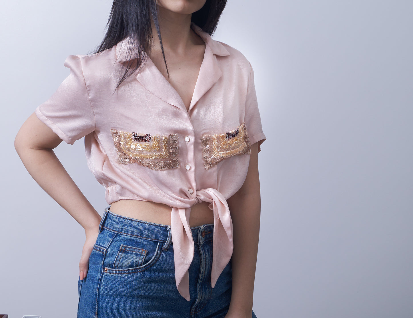Front tie crop shirt pink